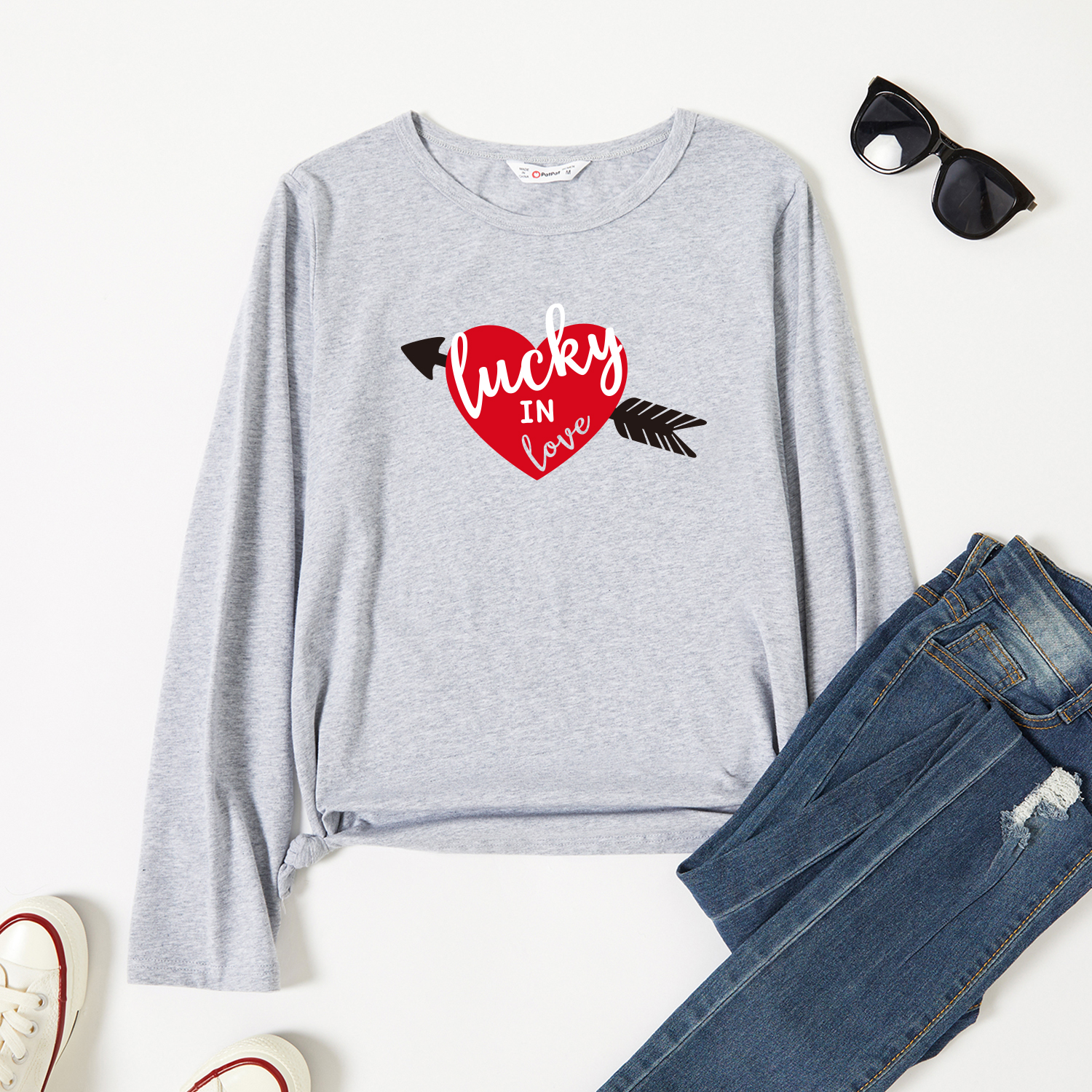 

Graphic Light gray Long-sleeve Round-collar Tee for Women