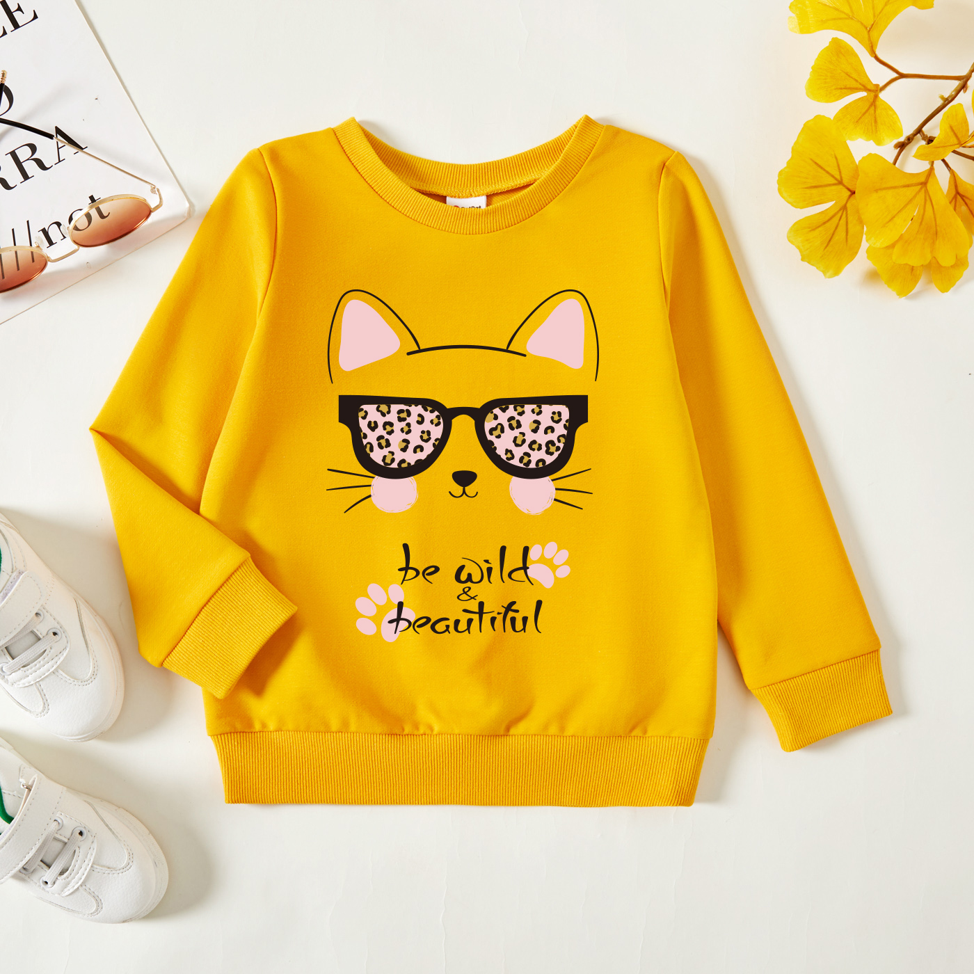

Toddler Girl Graphics Leopard and Cat and Letter Print Long-sleeve Pullover