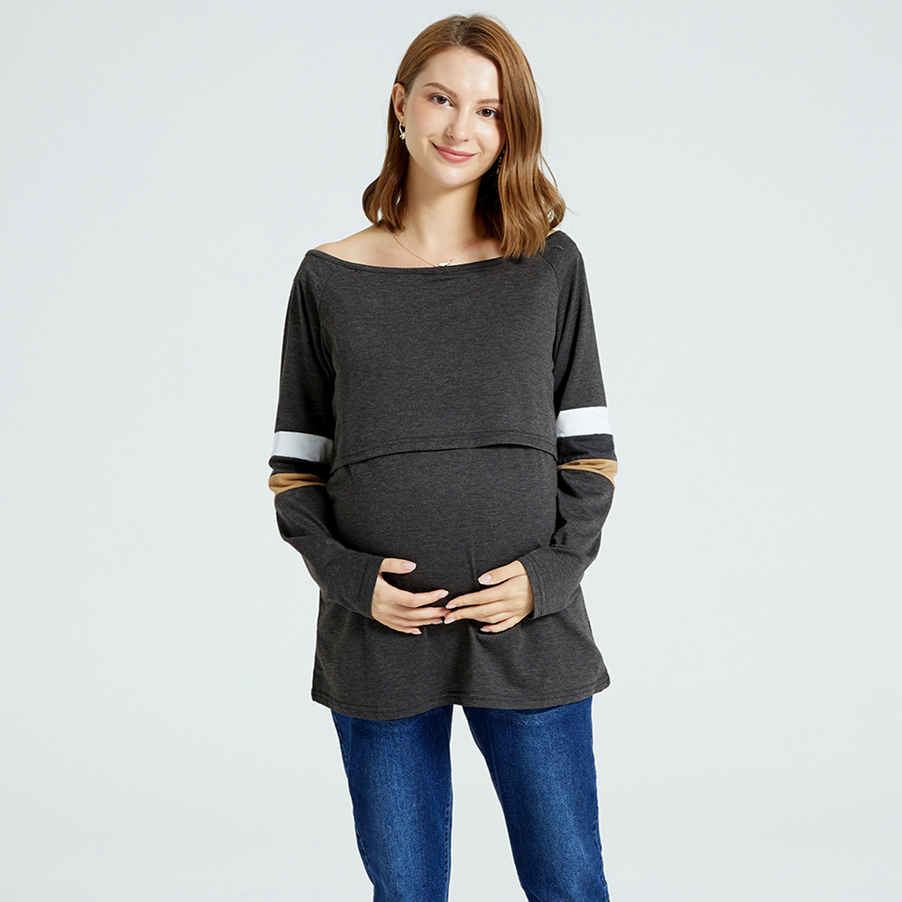 

Nursing Color Block Round-collar Long-sleeve Top