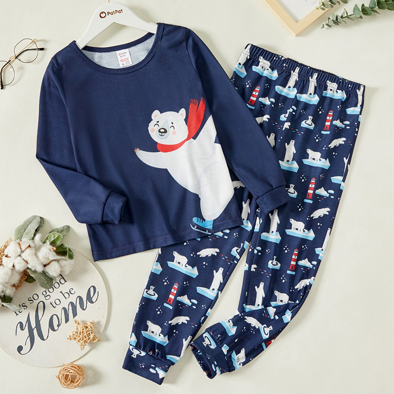 

2-piece Kid Boy Christmas Bear Print Long-sleeve Tee and Pants Pajamas Lounge Set