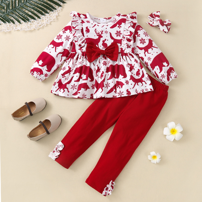 

2-piece Toddler Girl Christmas Bowknot Design Ruffled Animal Print Long-sleeve Top, and Pants Set