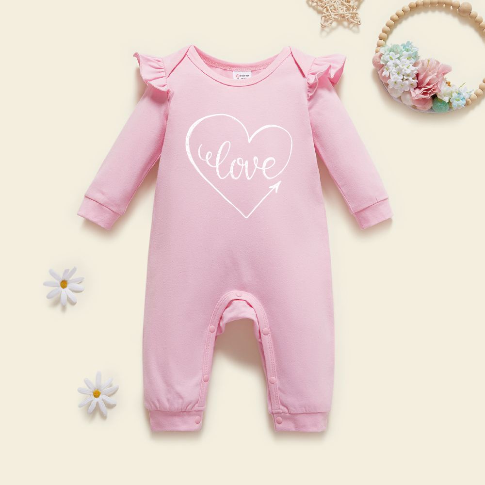

Baby Girl Heart-shaped and Letter Print Long-sleeve Jumpsuit