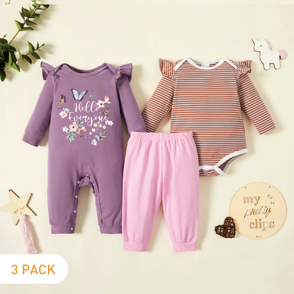 

3-Pack Baby Graphic & Striped Ruffled Romper Jumpsuit Pants Set
