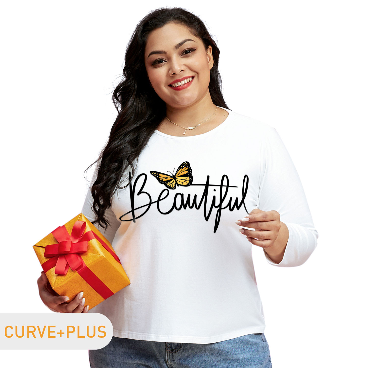 

Women Plus Size Graphic Butterfly and Letter Print Round Neck Long-sleeve Tee