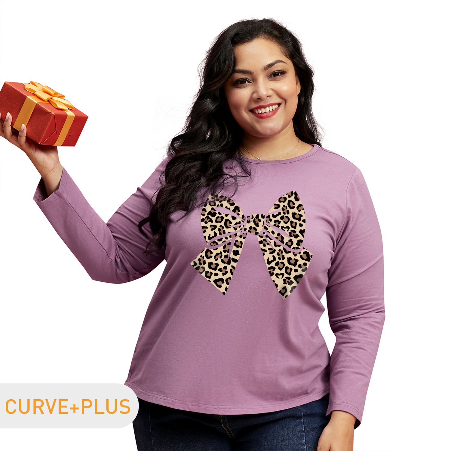 

Women Plus Size Graphic Bowknot and Leopard Print Round-collar Long-sleeve Tee