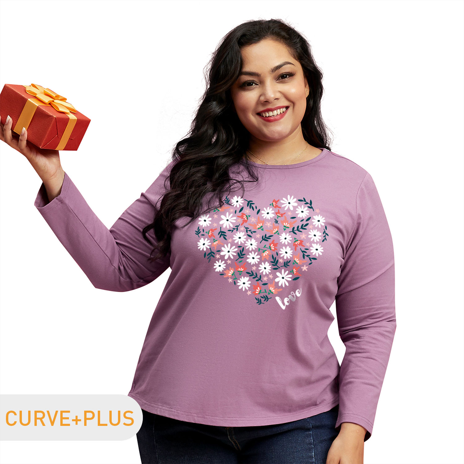 

Women Plus Size Graphics Floral and Heart-shaped and Letter Print Round Collar Long-sleeve Tee