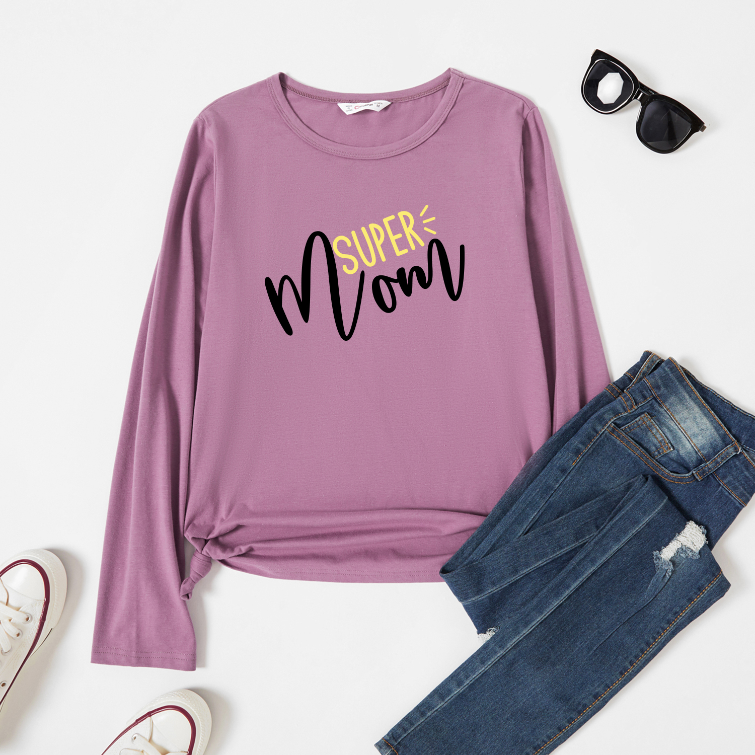 

Graphic Lavender Purple Long-sleeve Round-collar Tee for Women