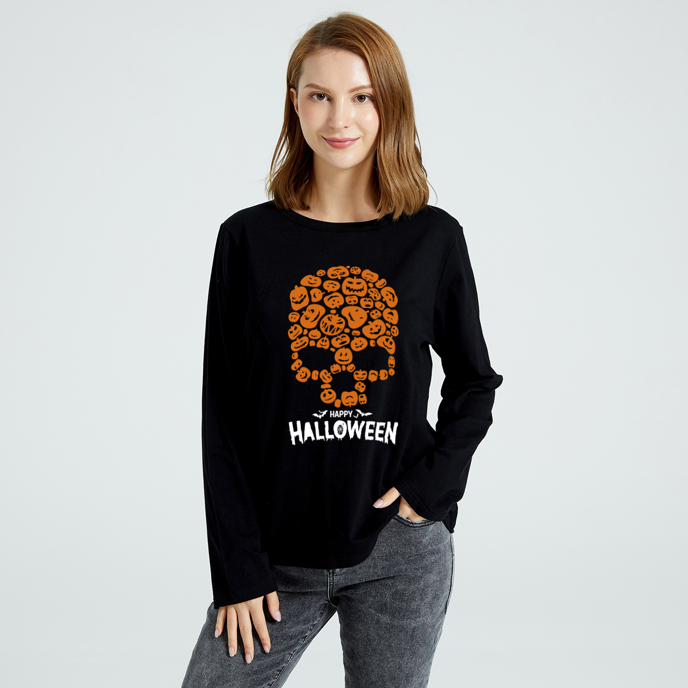 

Graphic Black Long-sleeve Round-collar Tee for Women