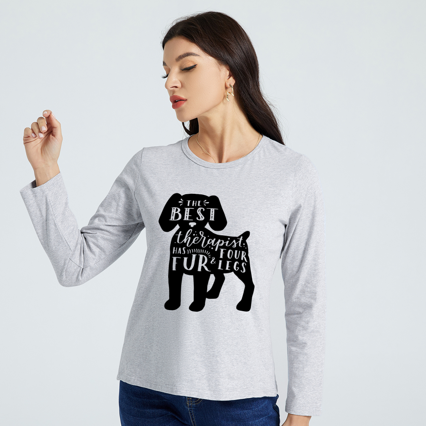 

Graphic Light gray Long-sleeve Round-collar Tee for Women