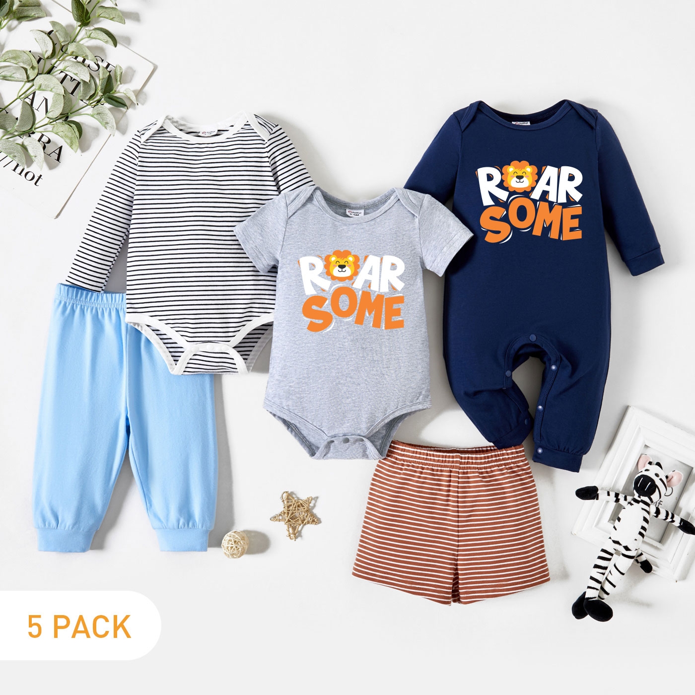 

5-Pack Baby Graphic Lion and Letter Print Striped Romper Jumpsuit Pants Set