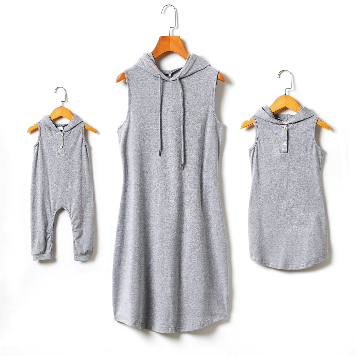 

Cotton Solid Grey Hooded Sleeveless Tank Hoodie Midi Dress for Mom and Me