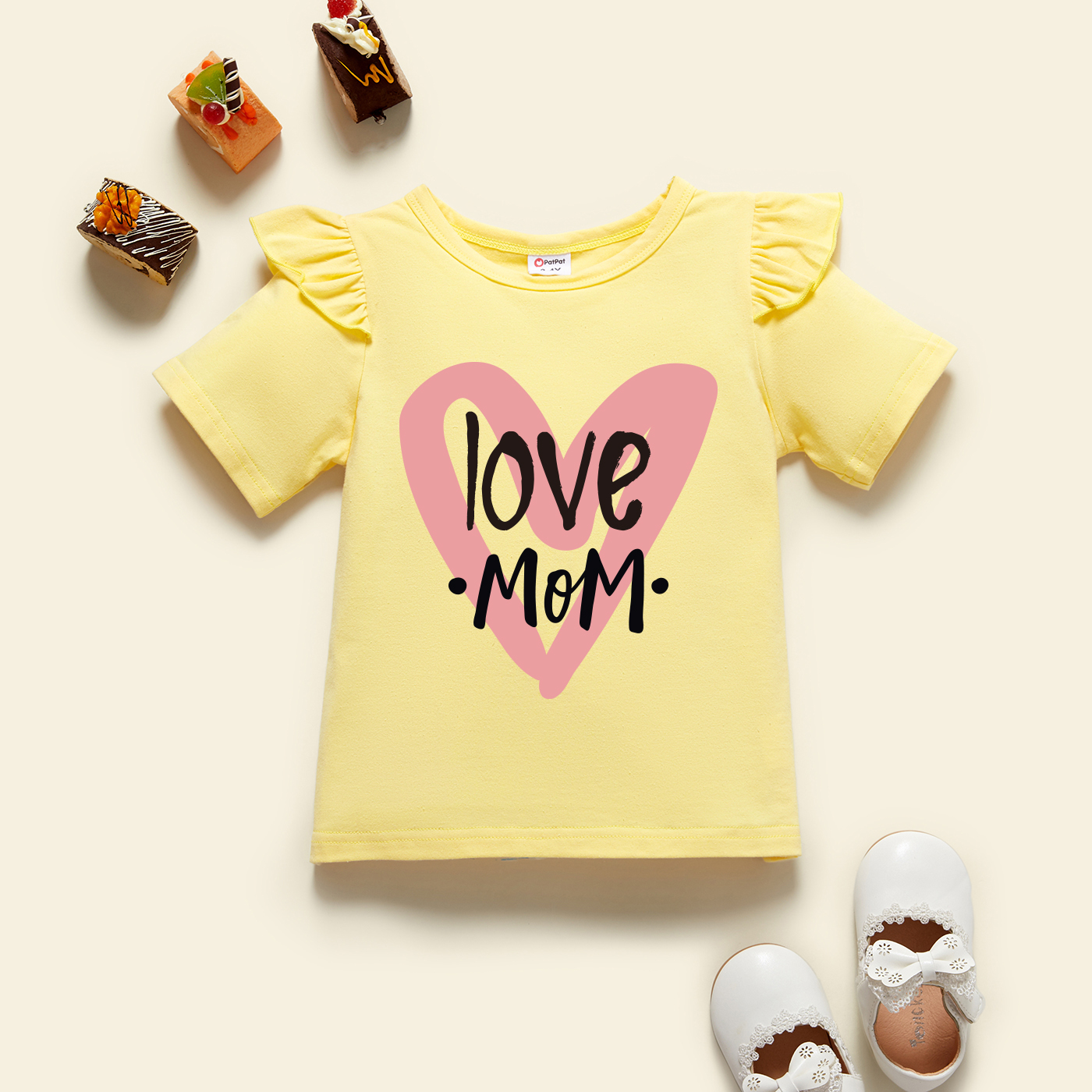 

Toddler Graphic Flutter-sleeve Beige Short-sleeve Tee