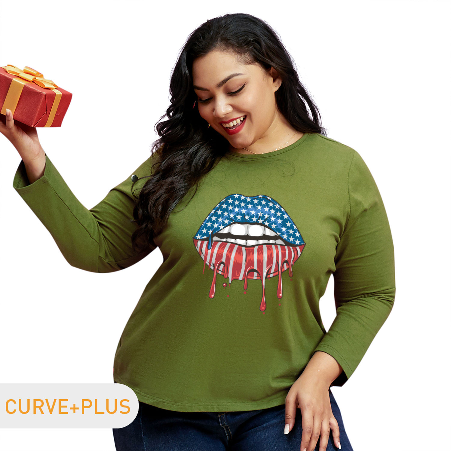 

Women Plus Size Graphic Mouth Print Round-collar Long-sleeve Tee