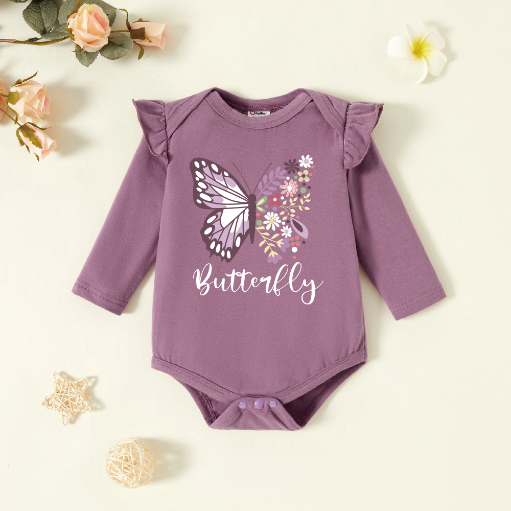 

Baby Girl Graphic Butterfly and Floral and Letter Print Ruffled Long-sleeve Romper