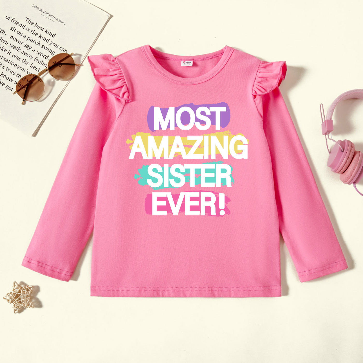 

Kids Graphic Flutter-sleeve Deep Pink Long-sleeve Tee