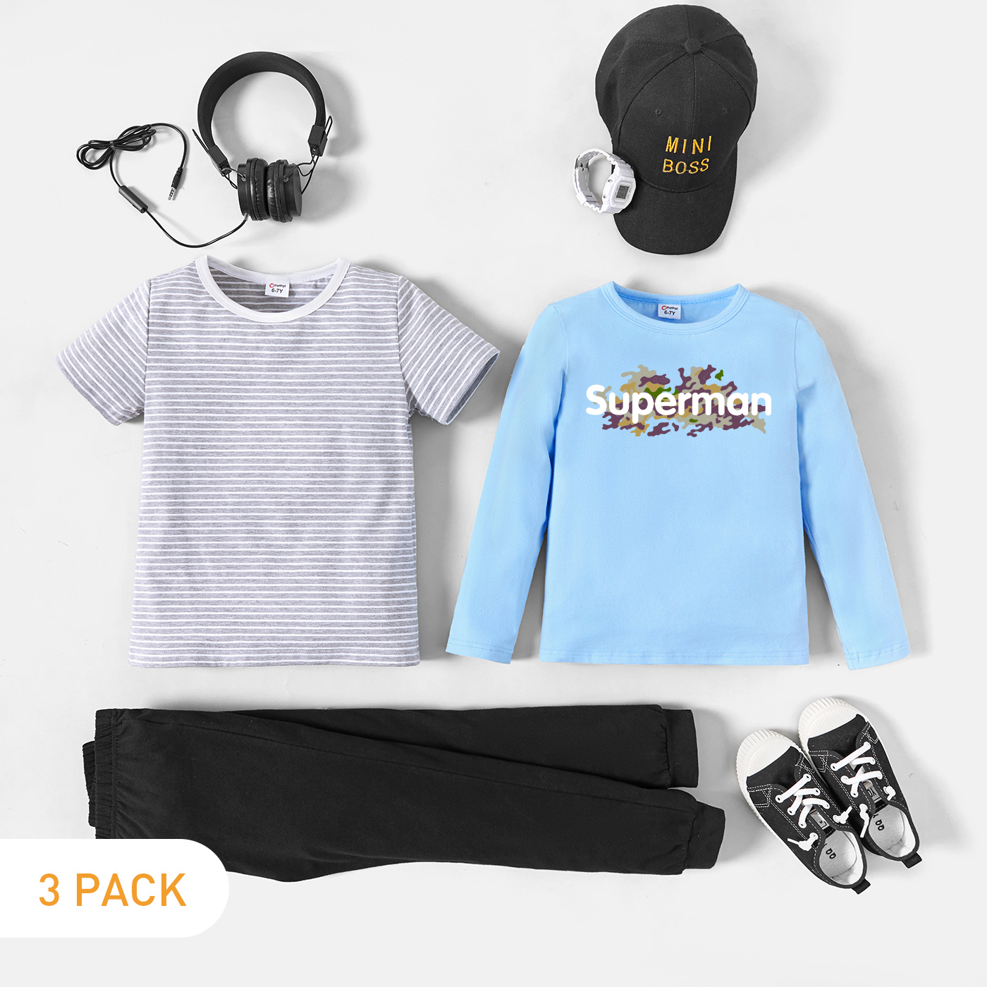 

3-Pack Kid Boy Graphic Letter and Camouflage Print Long-sleeve Tee & Striped Short-sleeve Tee & Pants Set