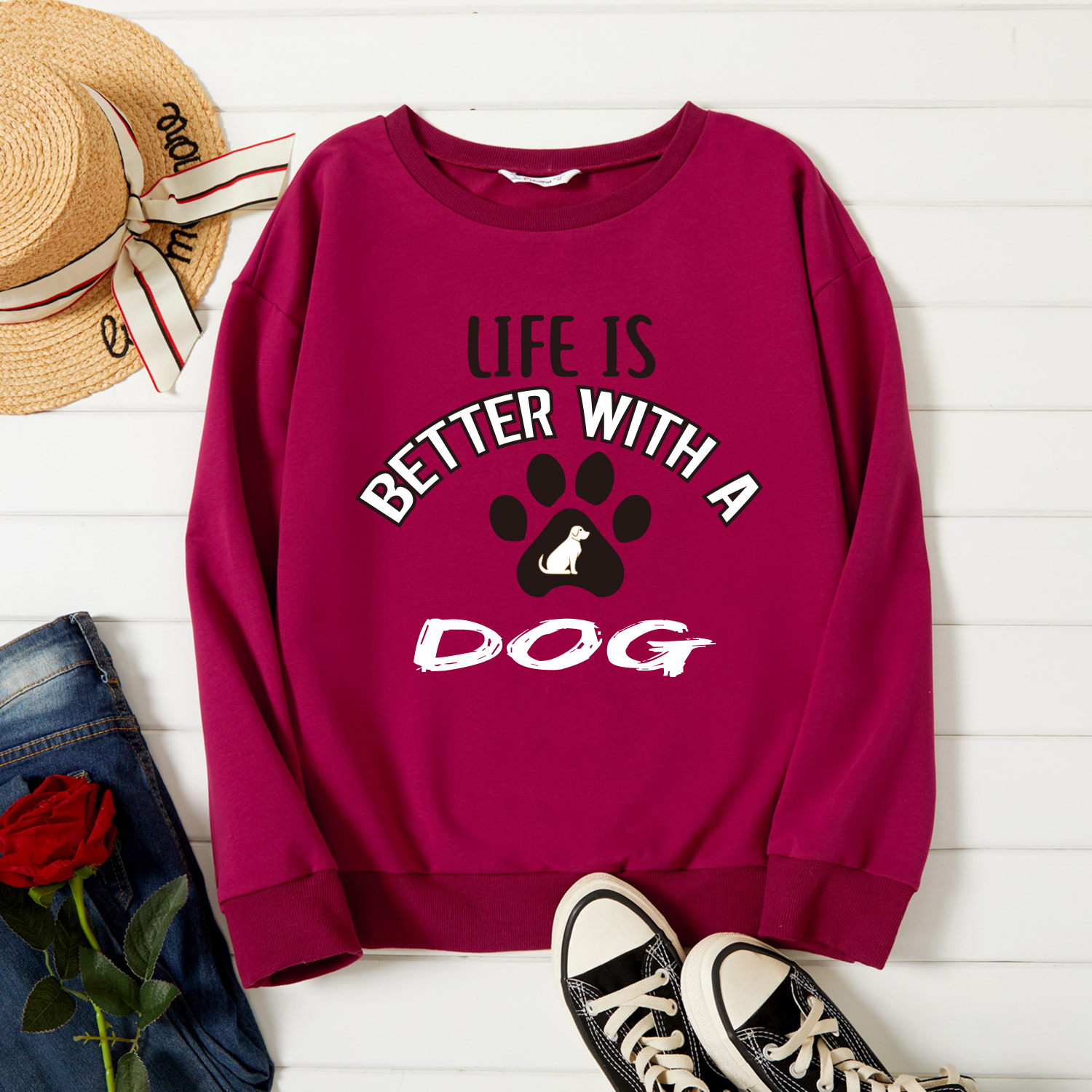 

Graphic Burgundy Long-sleeve Pullover For Women