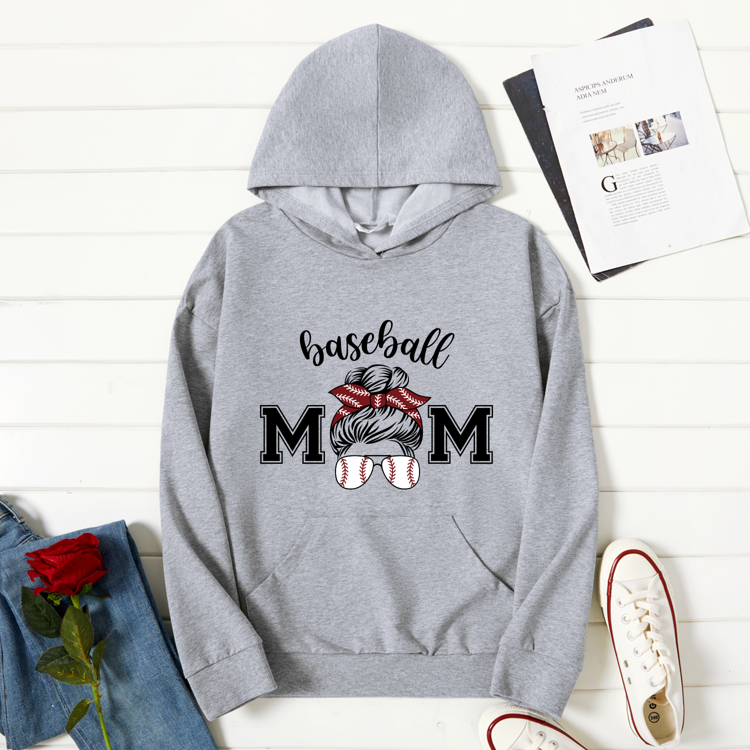 

Graphic Light gray Long-sleeve Hooded Pullover For Women