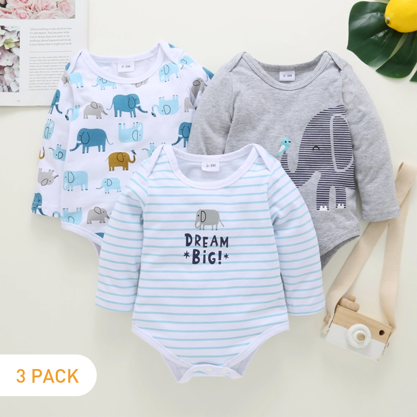 

3pcs Cartoon Elephant Print Baby Long-sleeve Cotton Rompers Set