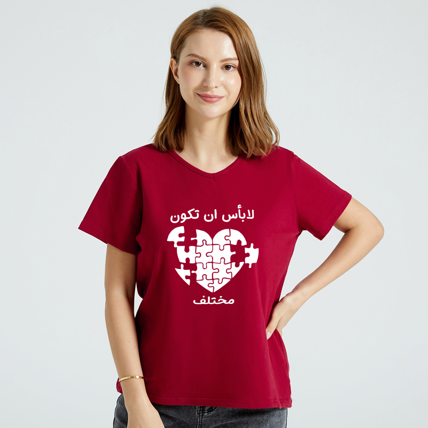 

Women Graphic Puzzle and Heart-shaped and Letter Print V Neck Short-sleeve Tee