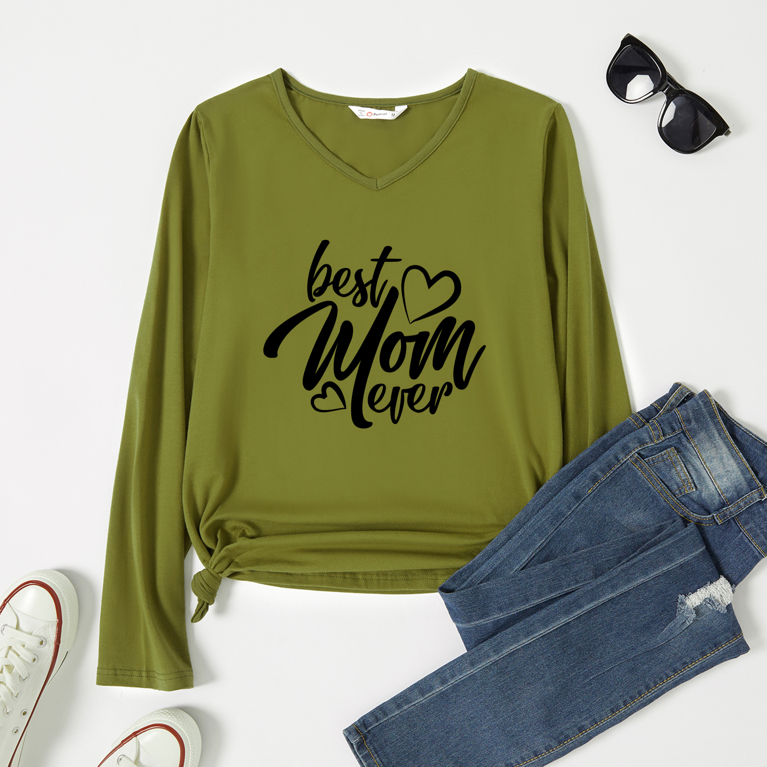 

Graphic Army green Long-sleeve V Neck Tee for Women