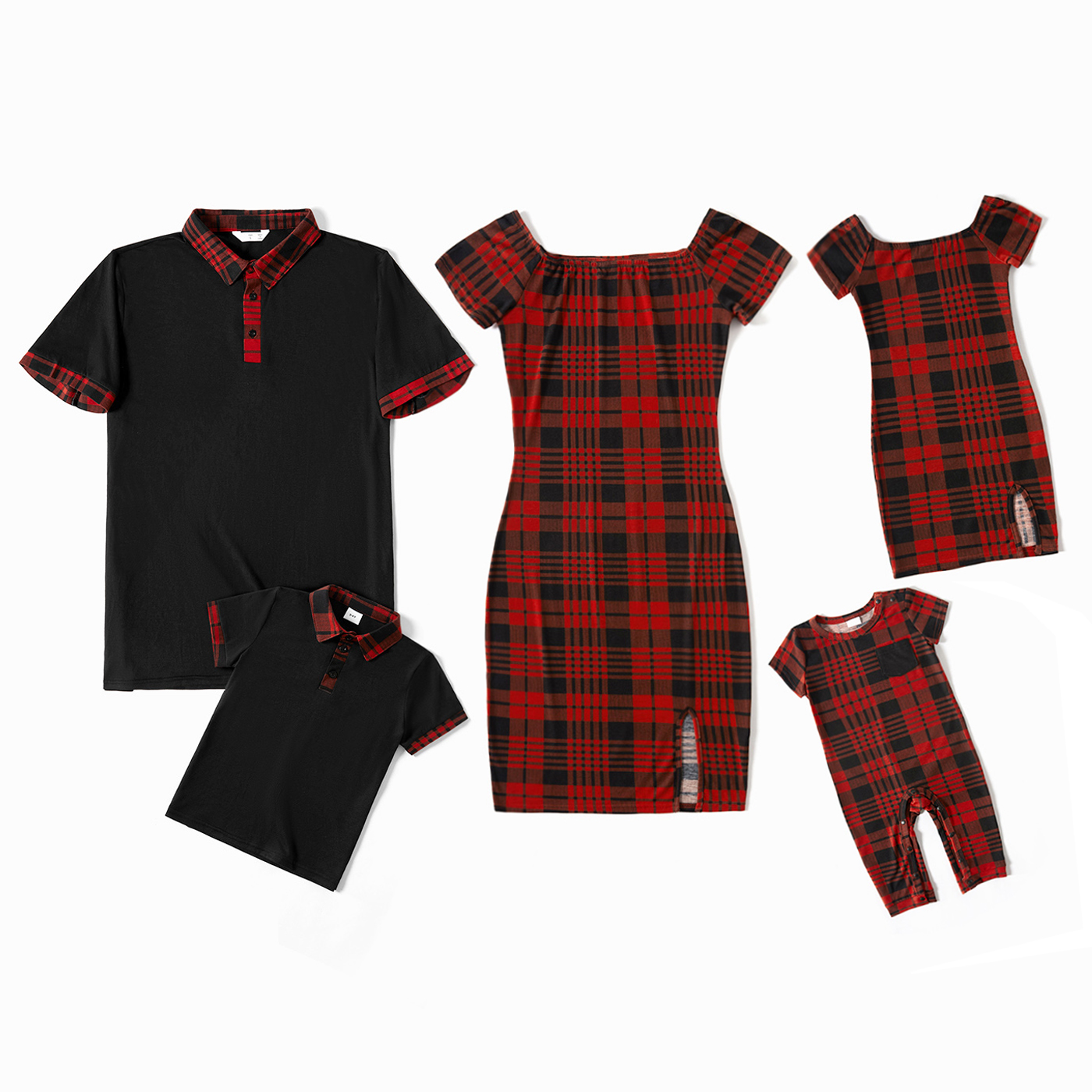 

Red and Black Plaid Family Matchings Sets(Square Neck Short-sleeve Mini Bodycon Dresses and Polo Shirts)