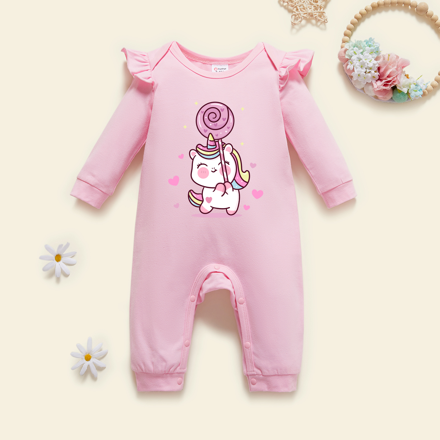 

Baby Girl Graphic Unicorn and Heart-shaped Print Ruffled Long-sleeve Jumpsuit