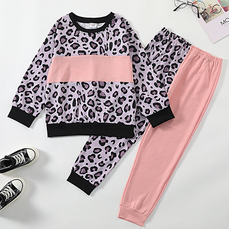 

2-piece Kid Girl Leopard Print Colorblock Pullover and Elasticized Pants Set