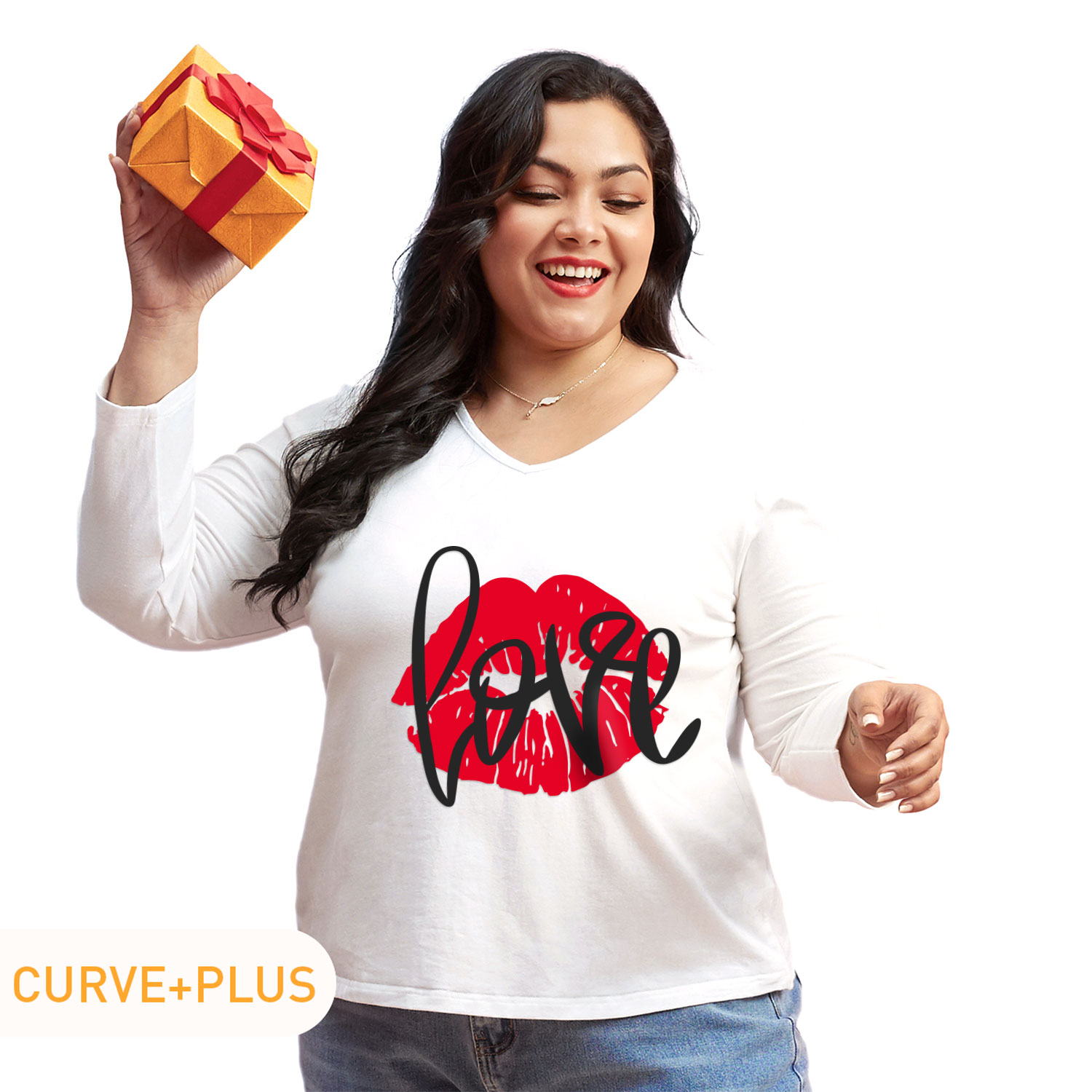 

Women Plus Size Graphic Kiss and Letter Print V Neck Long-sleeve Tee