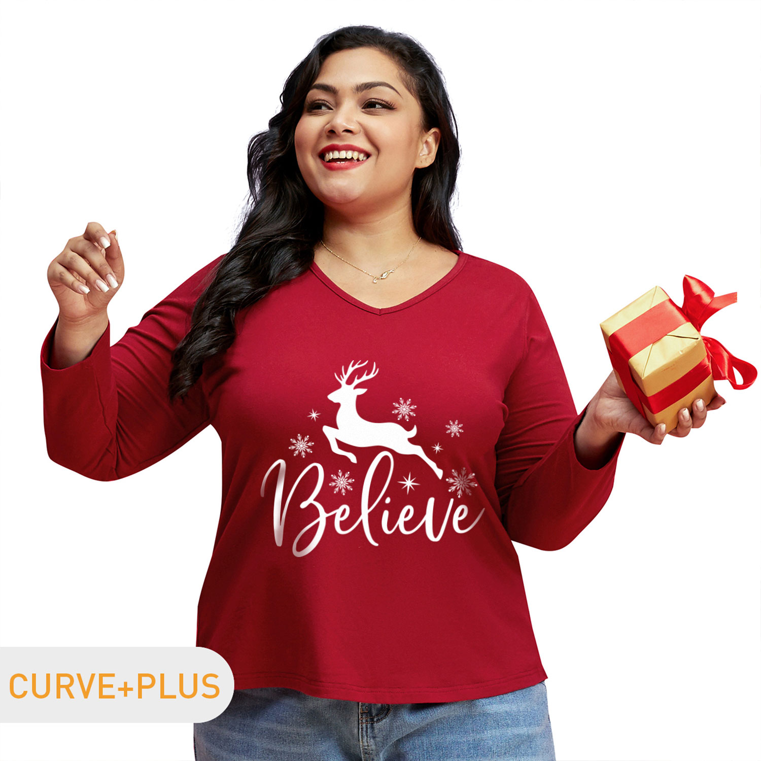 

Christmas Women Plus Size Graphic Elk and Snowflake and Letter Print V Neck Long-sleeve Tee