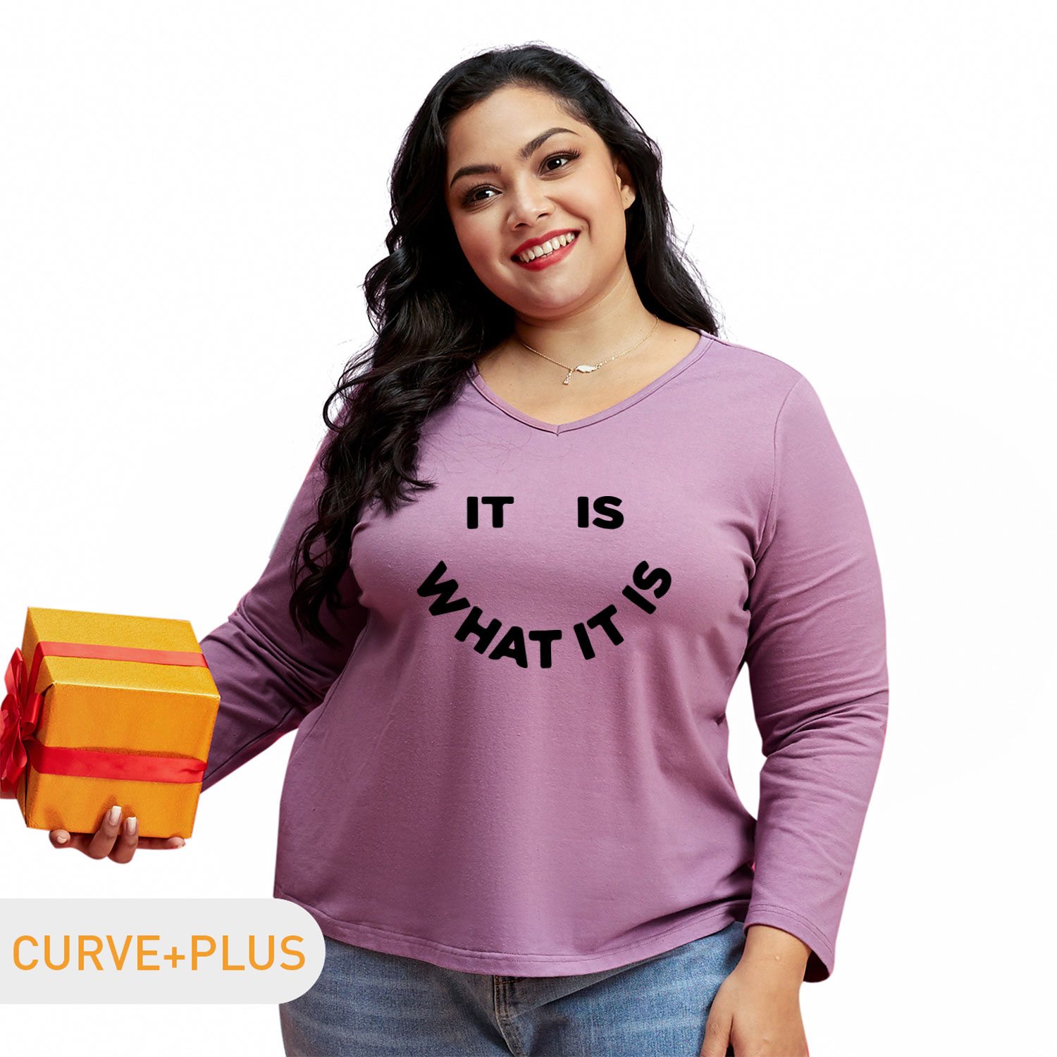 

Women Plus Size Graphic Letter Print V Neck Long-sleeve Tee