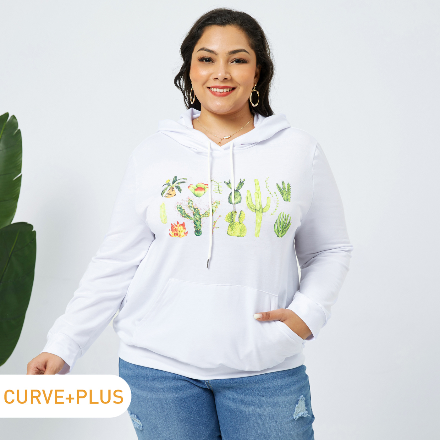 

Women Plus Size Elegant Cactus Plant Print Drawstring White Hoodie Sweatshirt