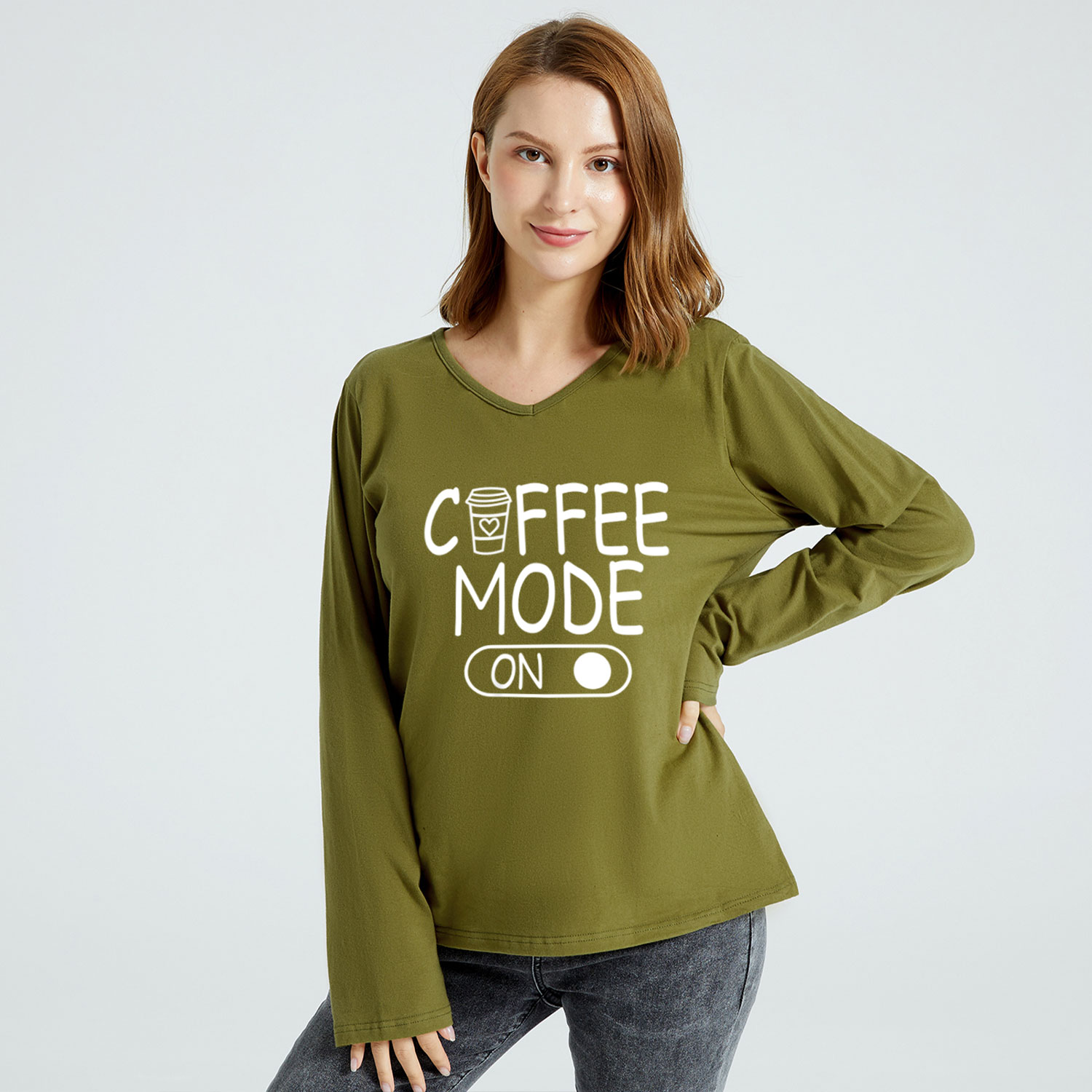 

Graphic Army green Long-sleeve V Neck Tee for Women