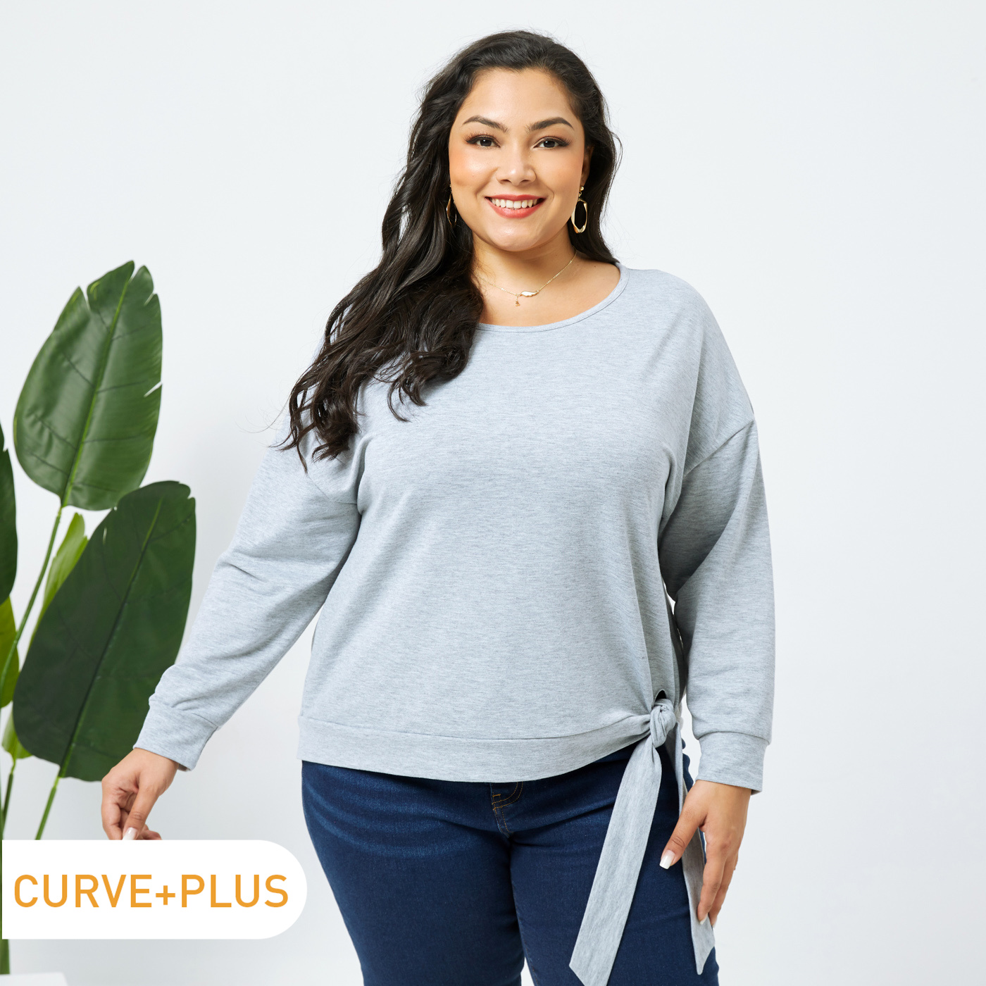 

Women Plus Size Elegant Round-collar Tie Knot Long-sleeve Grey Tee