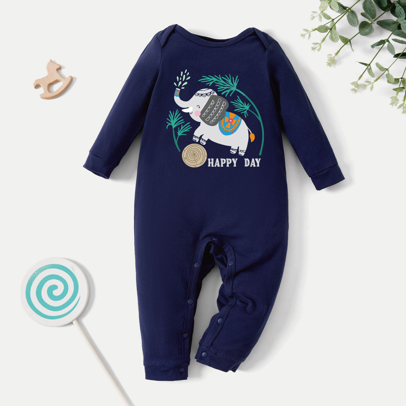 

Baby Graphic Elephant and Plant Print Long-sleeve Jumpsuit