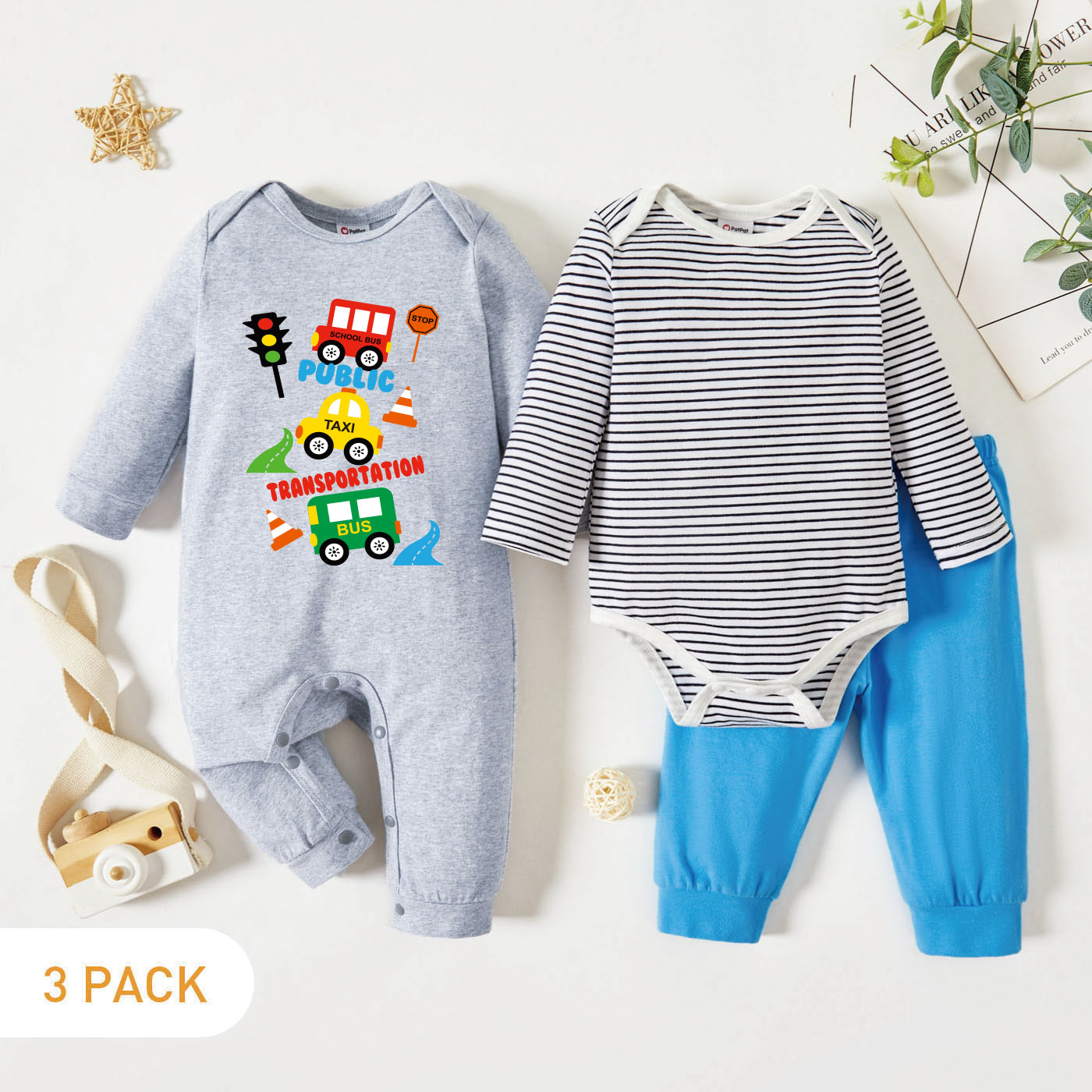 

3-Pack Baby Graphic & Striped Romper Jumpsuit Pants Set