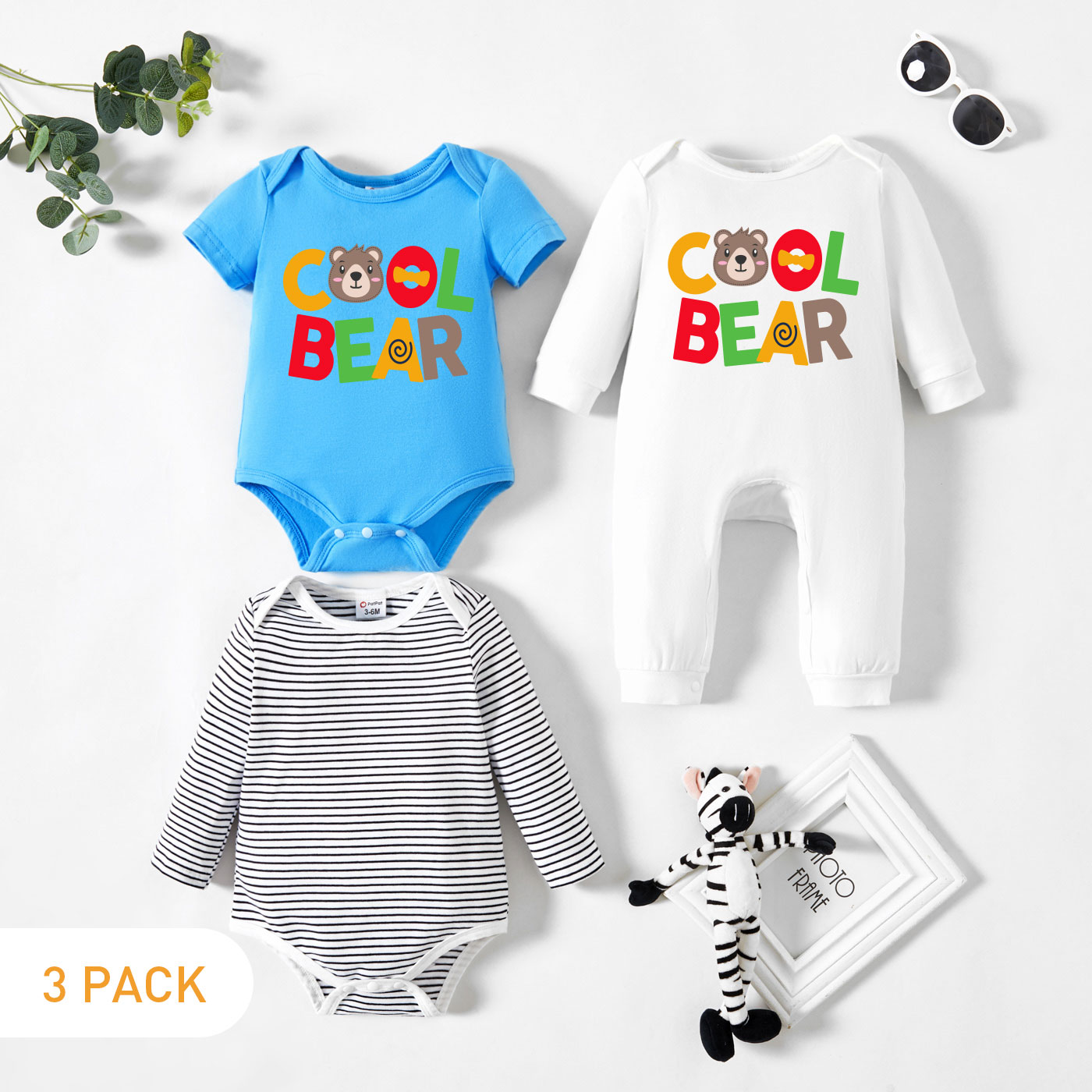 

3-Pack Baby Letter and Bear Print Striped Romper Jumpsuit Set