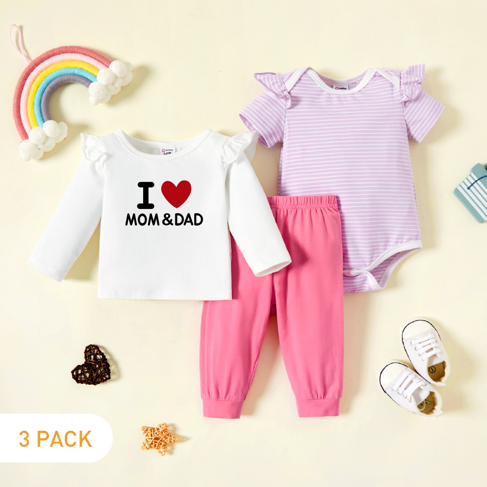 

3-Pack Baby Graphic & Striped Ruffled Romper Tee Pants Set
