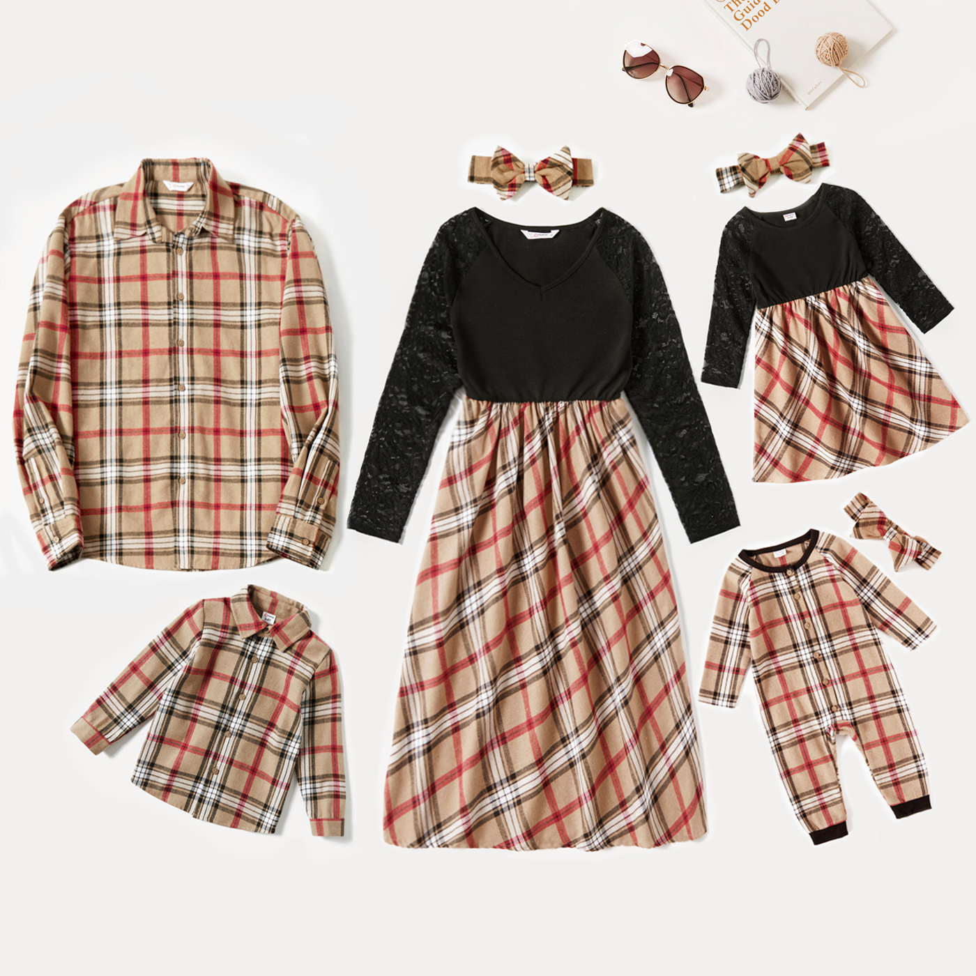 

Family Matching Lace Long-sleeve Splicing Dresses and Plaid Shirts Sets