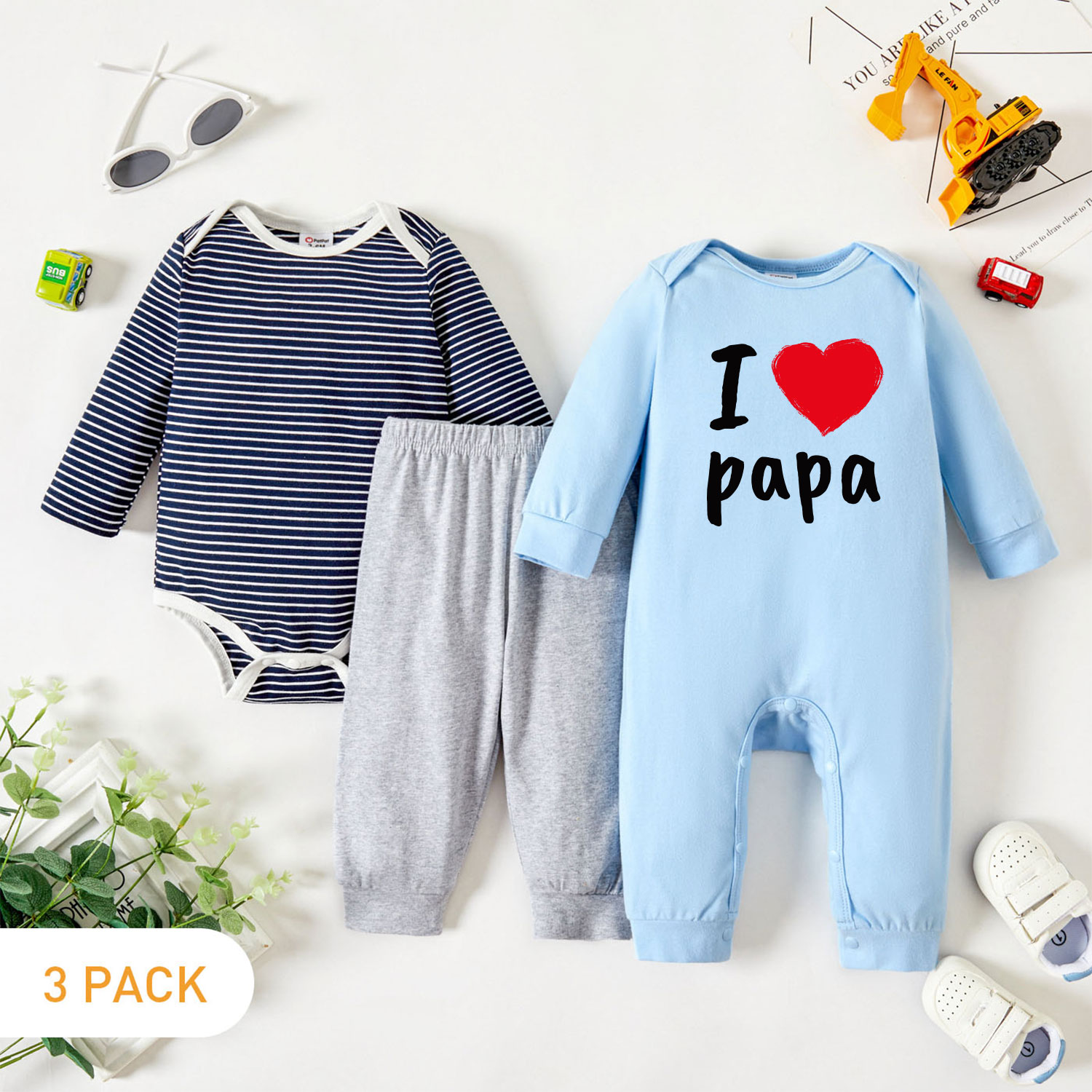 

3-Pack Baby Graphic Heart and Letter Print Striped Long-sleeve Romper Jumpsuit Pants Set