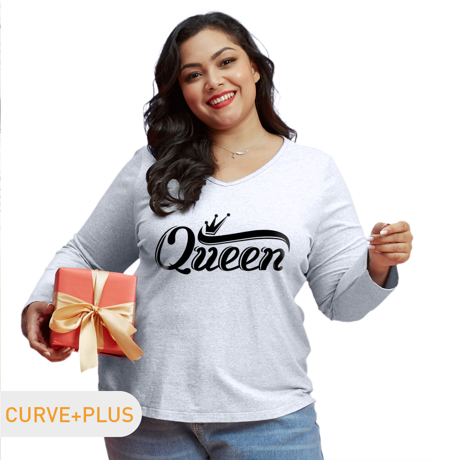 

Women Plus Size Graphic Letter and Crown Print V Neck Long-sleeve Tee