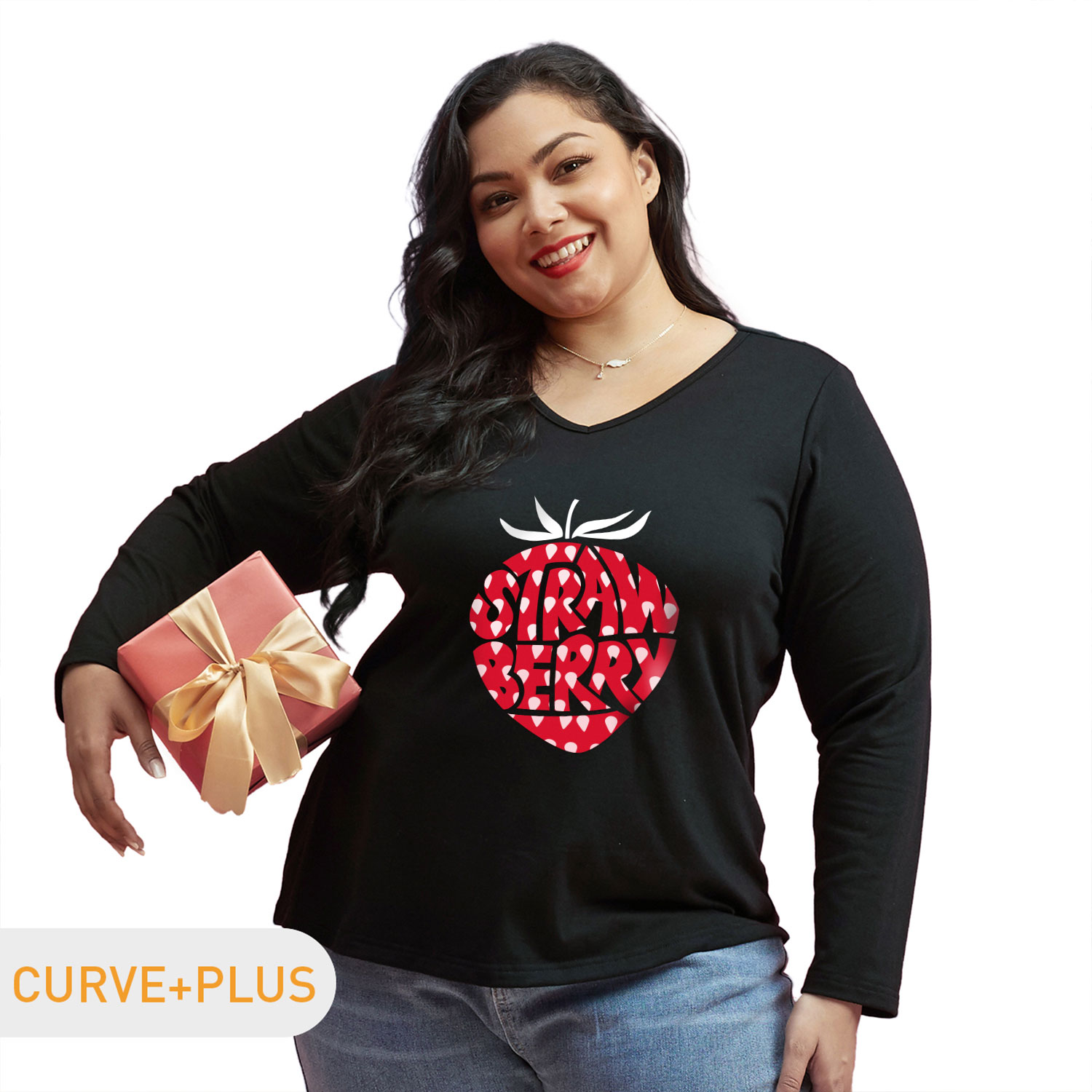 

Women Plus Size Graphic Strawberry and Letter Print V Neck Long-sleeve Tee