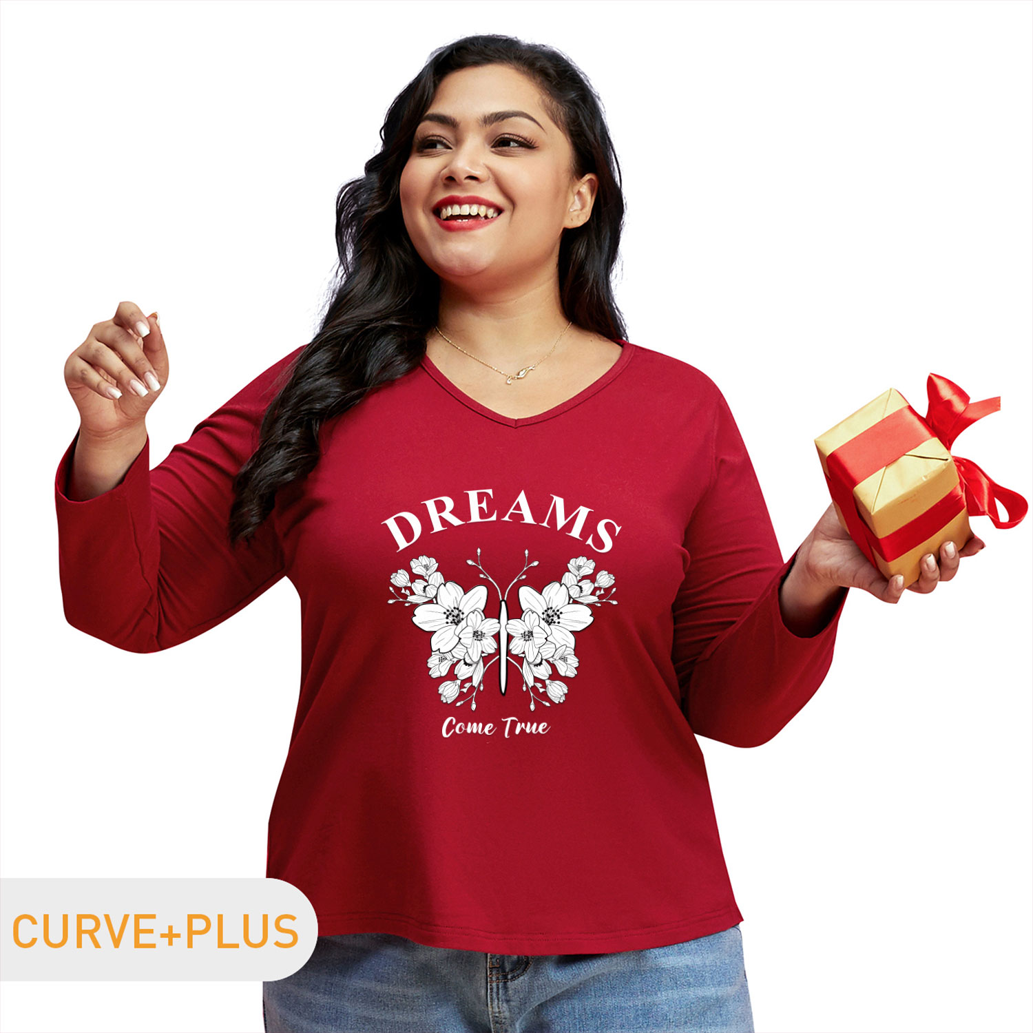 

Women Plus Size Graphic Butterfly and Floral and Letter Print V Neck Long-sleeve Tee