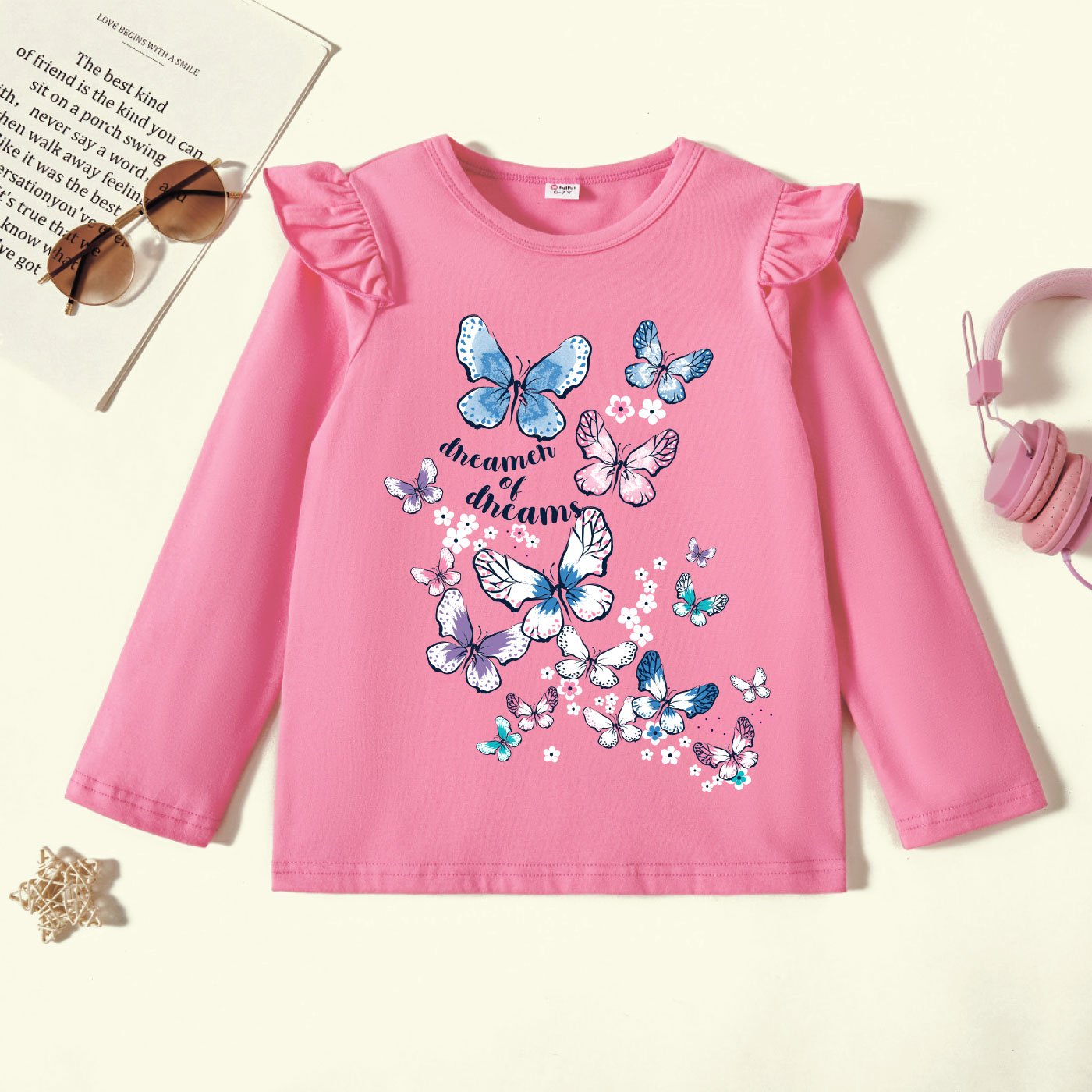 

Kid Girl Butterfly and Floral and Letter Print Long-sleeve Tee