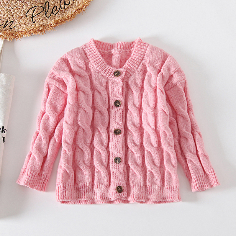 

Toddler Girl Button Design Cable Knit Pink Sweater