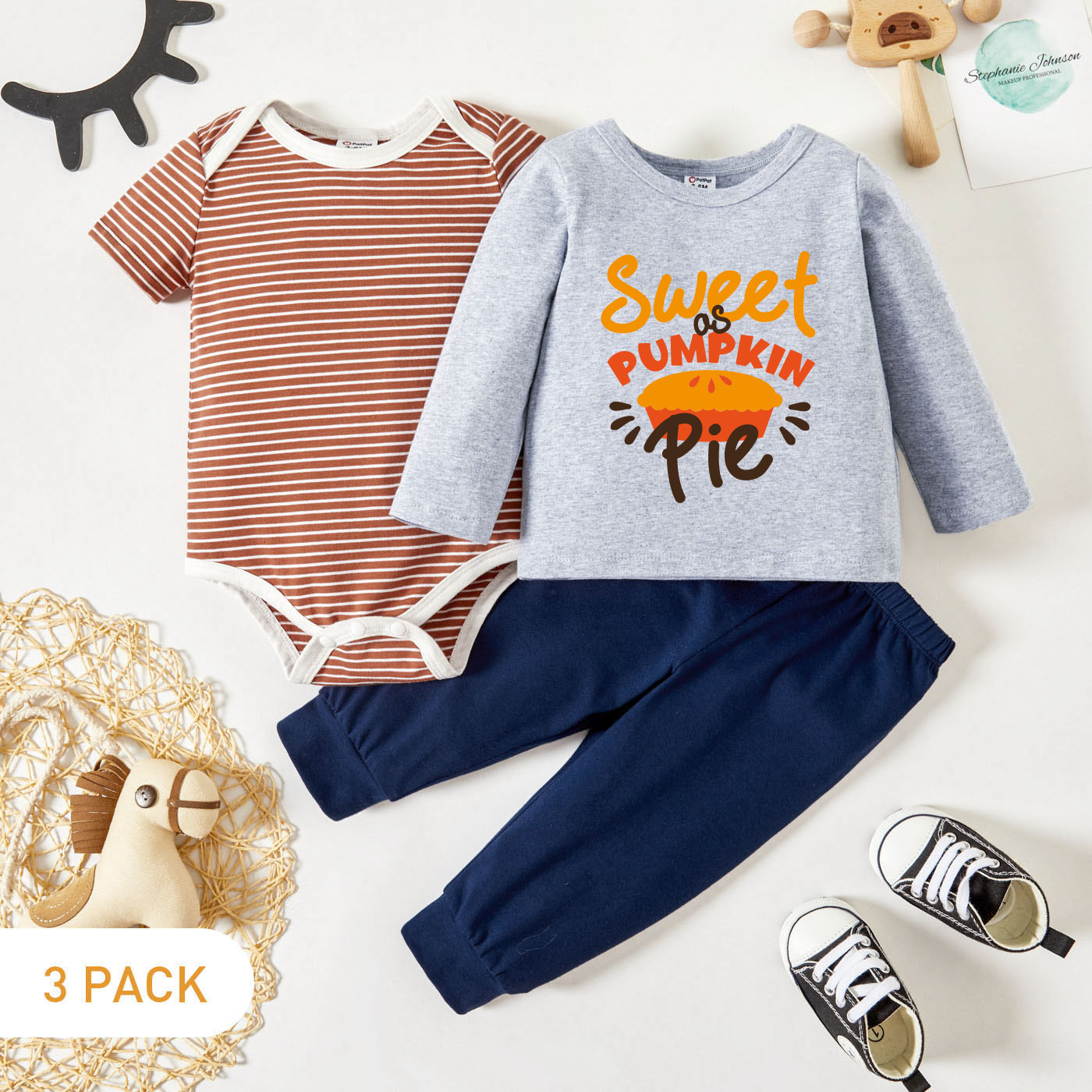 

3-Pack Baby Graphic & Striped Romper Tee Pants Set