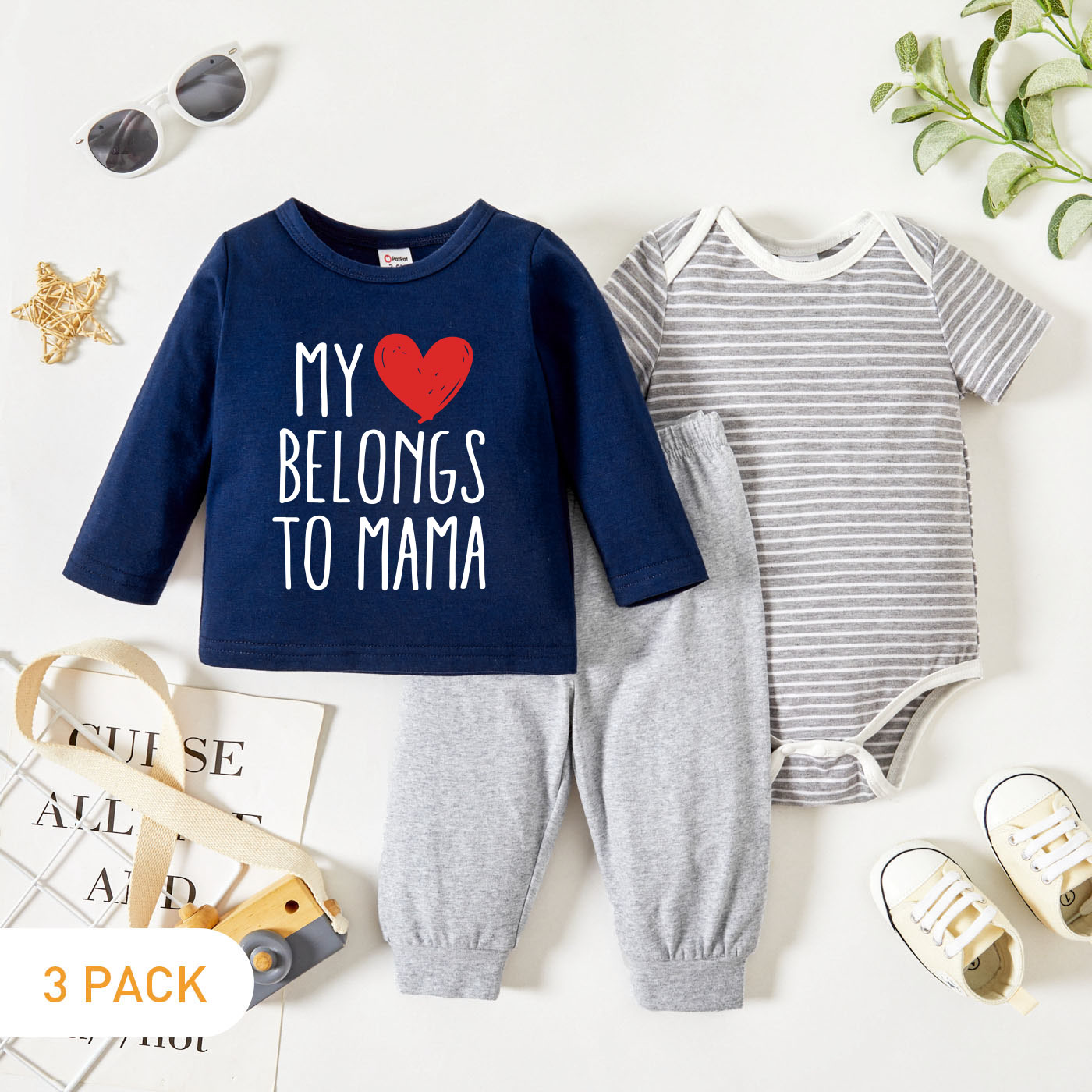 

3-Pack Baby Graphics Heart-shaped and Letter Print Long-sleeve Tee & Striped Short-sleeve Romper & Pants Set