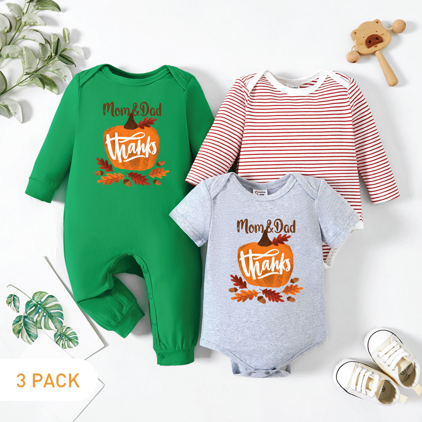 

3-Pack Baby Graphic & Striped Romper Jumpsuit Set