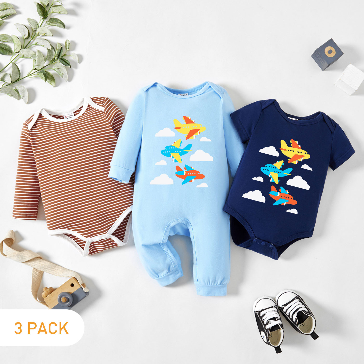 

3-Pack Baby Graphic & Striped Ruffled Romper Jumpsuit Set