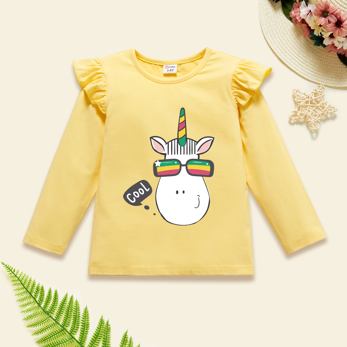 

Toddler Graphic Flutter-sleeve Beige Long-sleeve Tee
